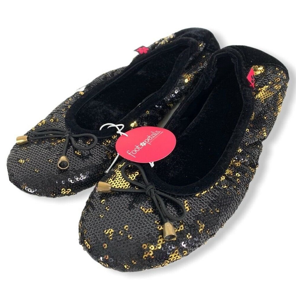 Foot Petals Sequin Ballet Flats Shoes Black Gold